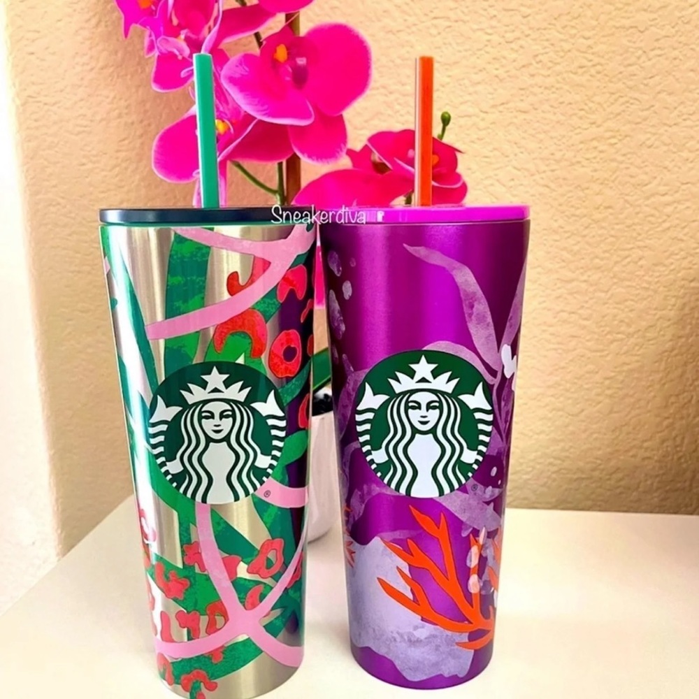 💚Starbucks stainless steel coral/jungle tumblers